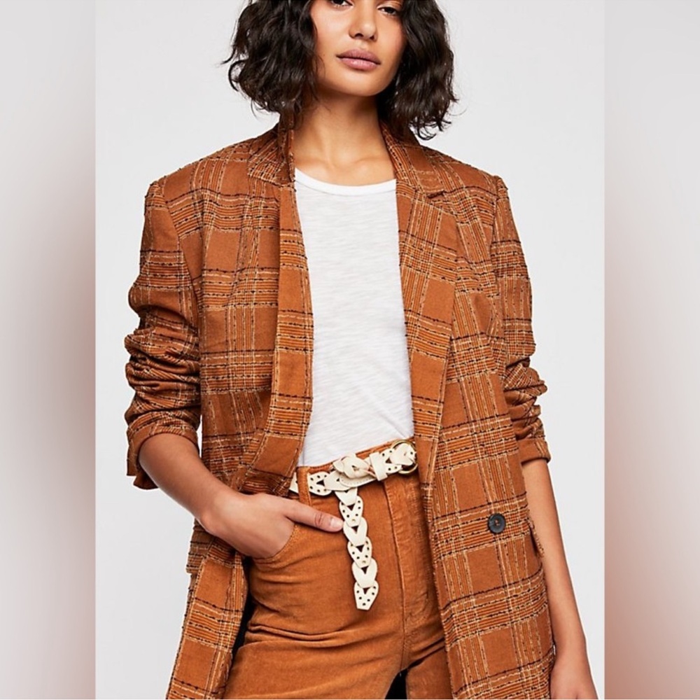 Free people plaid‎ linen Up Town Girl rust Brown Plaid Jacket blazer size large - Picture 4 of 11